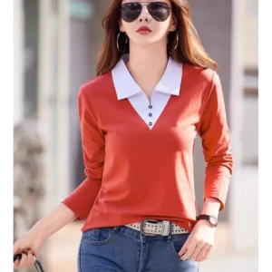 Camiseta de manga larga de la estación europea para mujer, Top informal ajustado de gama alta, Color de contraste, cuello Polo, primavera y verano, nueva moda